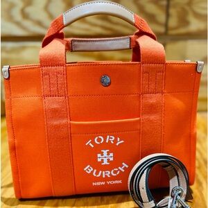 TORY BURCH SMALL CANVAS TOTE CROSSBODY BAG IN TANGERINE
